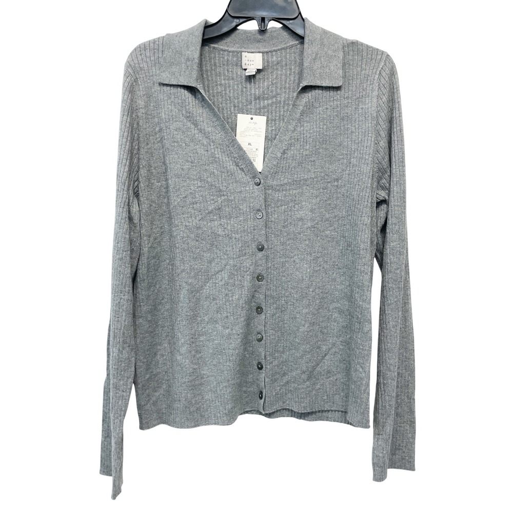 A New Day Women's Gray Ribbed Button Down Polo Cardigan Sweater Size XL